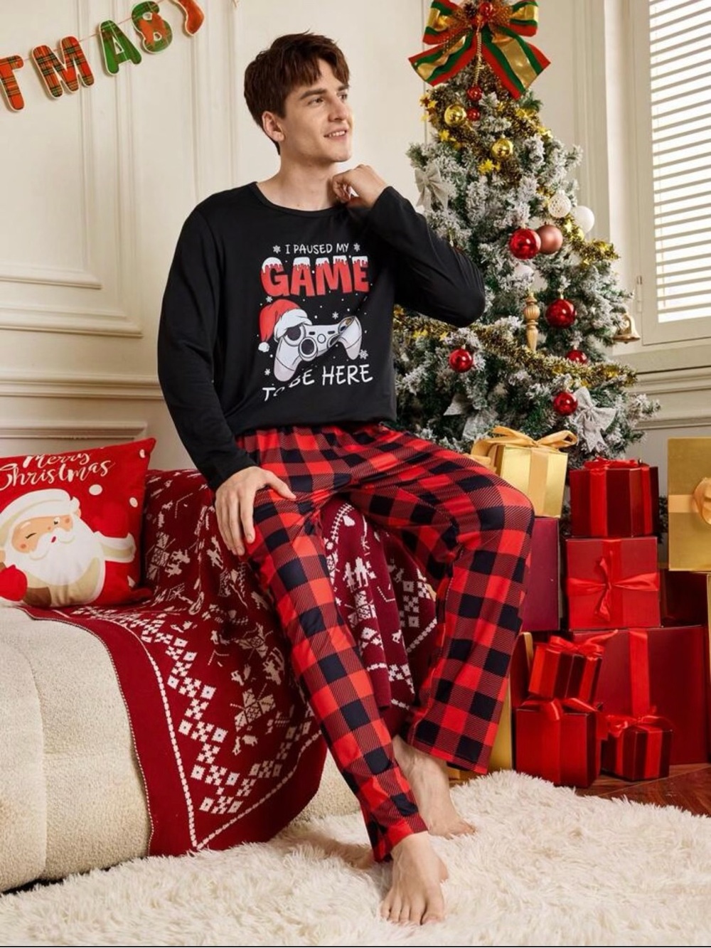 SHEIN Black Graphic Long Sleeve Top with Red & Black Buffalo Plaid Pants